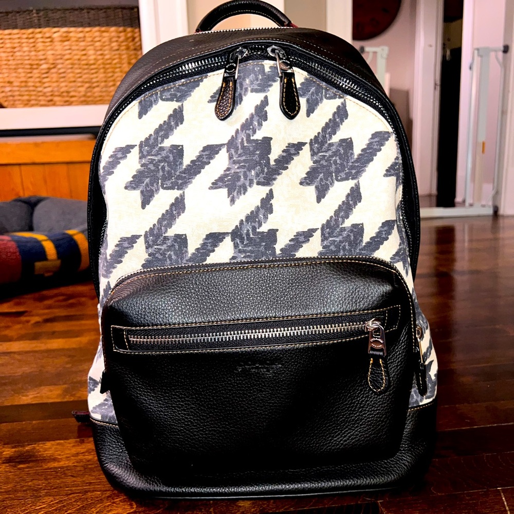 COACH West Backpack With Houndstooth Print black leather backpack